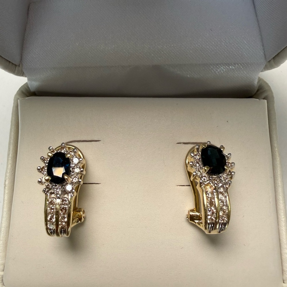 Gold Earrings with Dark Blue Sapphire and Diamonds
